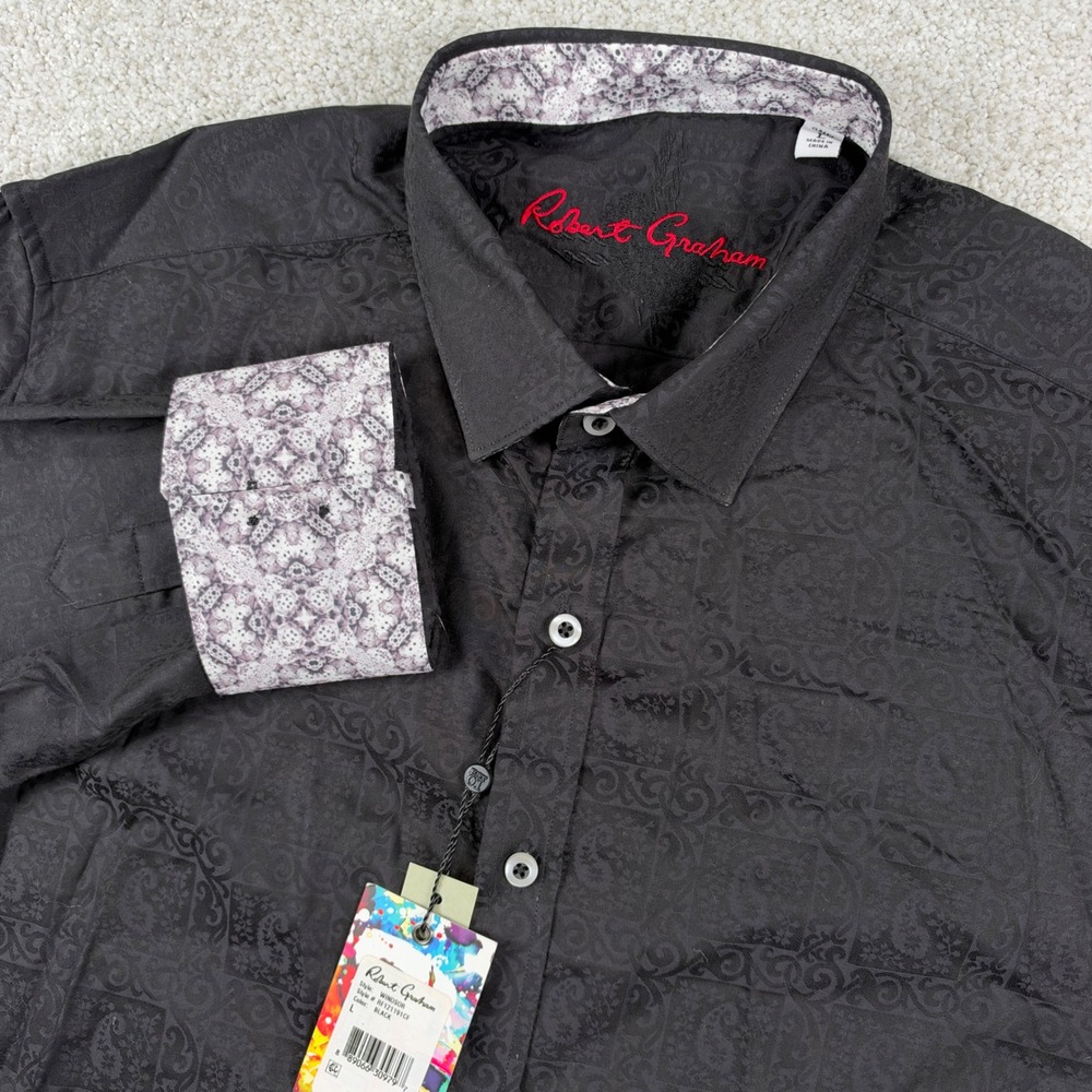 NEW Robert Graham Button Down Shirt Men L Black Windsor Paisley Jacquard